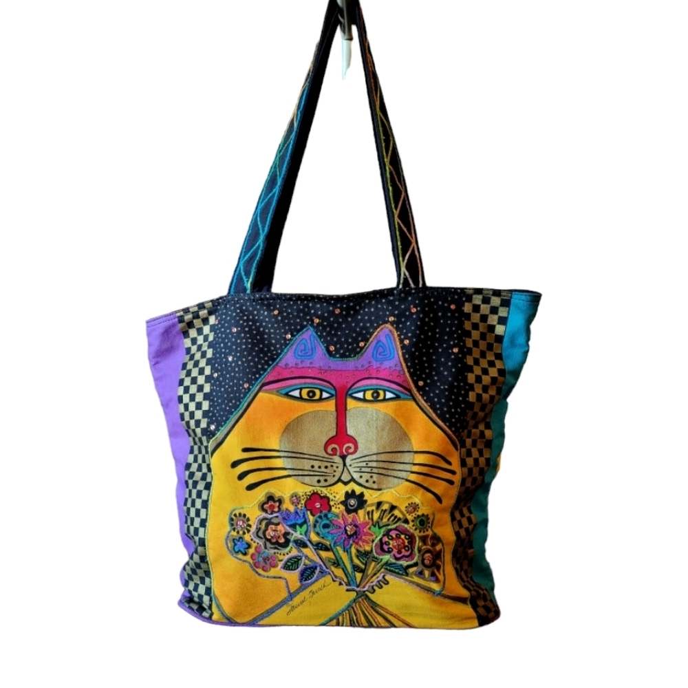 Laurel Burch Large Canvas Multicolored Cat Tote Floral Artist Signed